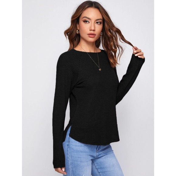 BohoGypsyDreamer.com Tops - Raglan long Sleeve Split Hem Waffle Knit Tee white